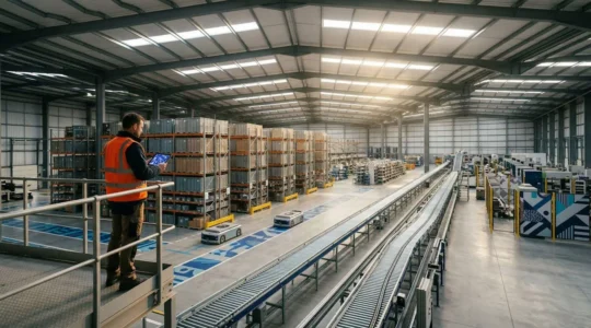 Complex warehouse logistics center with automated systems and workers managing inventory flow