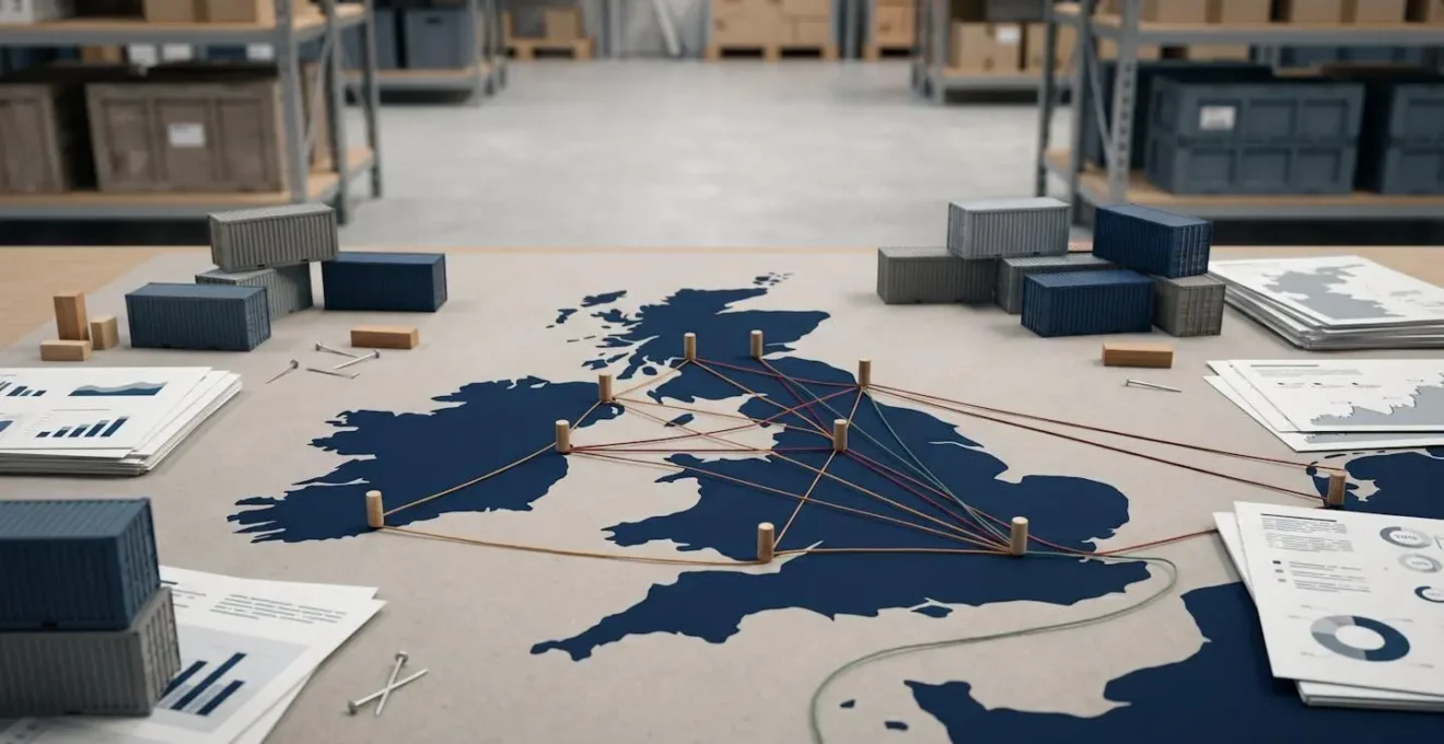 Strategic supply chain network visualization showing UK port infrastructure and logistics routes