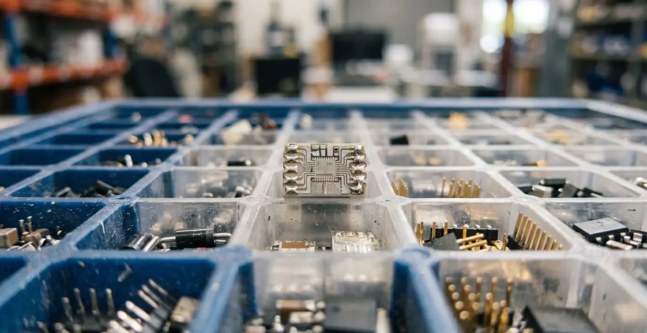 Extreme close-up of tiny electronic components in warehouse storage showing critical inventory details