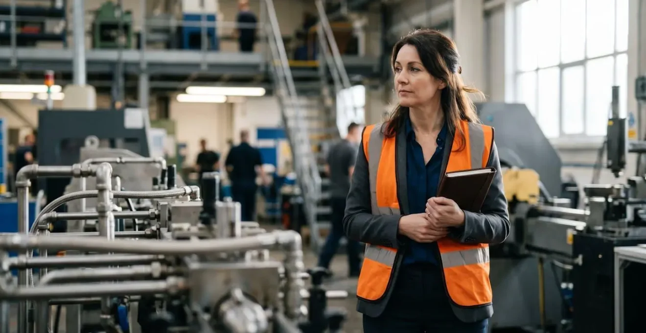 Operations director observing manufacturing floor with notebook mapping process flows