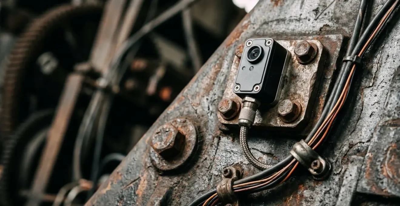 Industrial IoT sensor installation on vintage manufacturing equipment