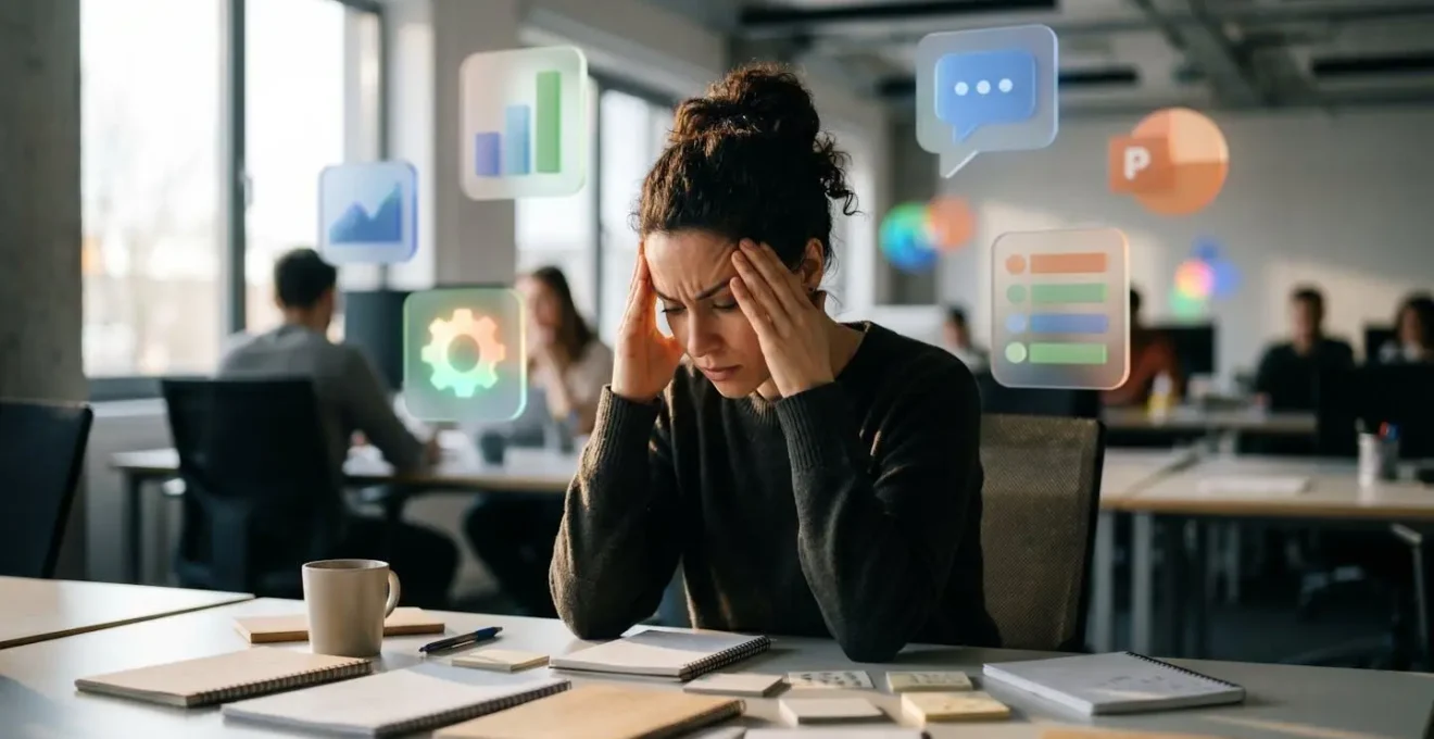 Office workers surrounded by multiple disconnected productivity tools creating workflow complexity